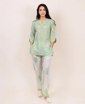 Green and White Block Printed Top and Pajama