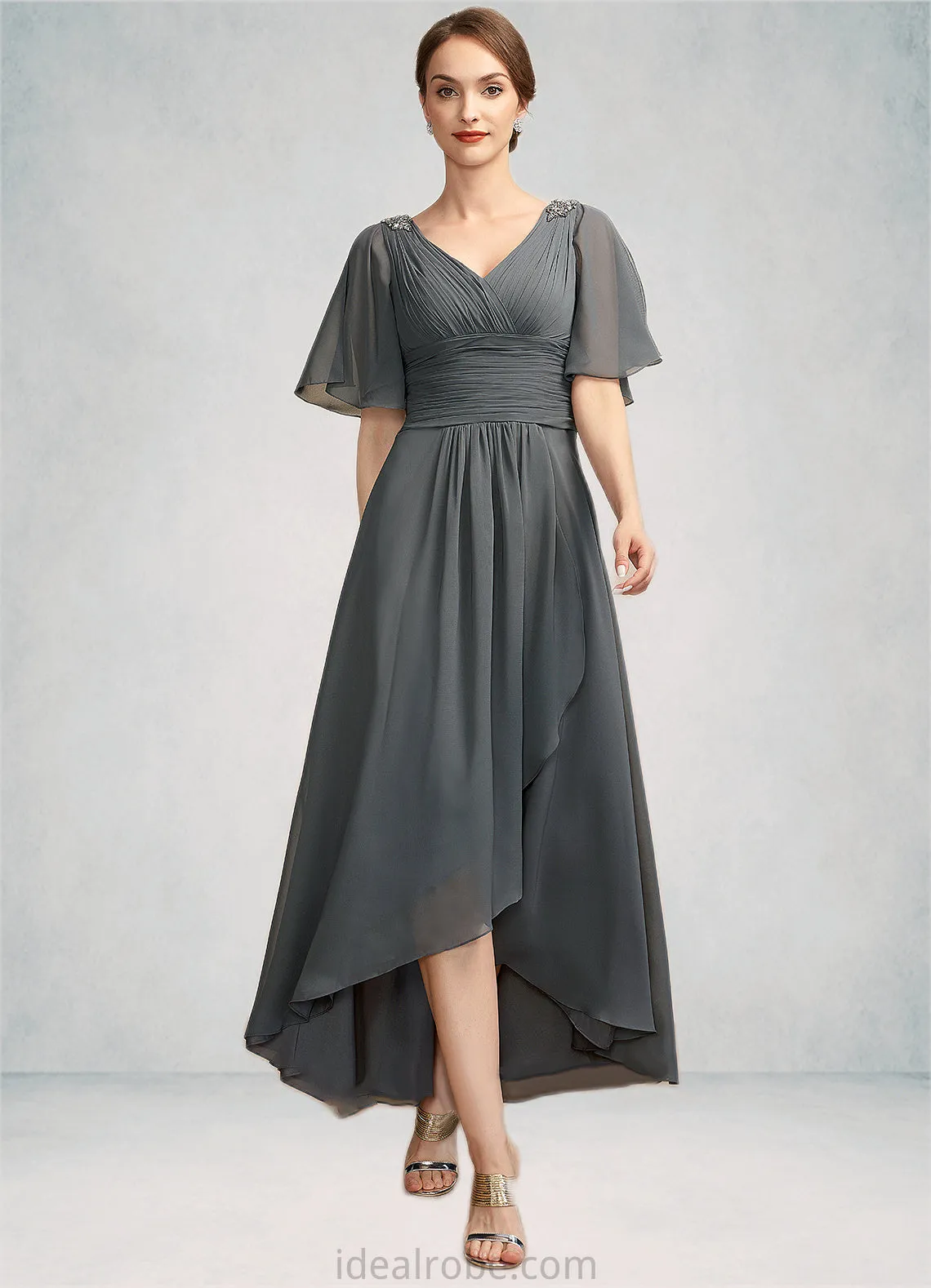 Hallie A-Line V-neck Asymmetrical Chiffon Mother of the Bride Dress With Ruffle Beading STK126P0014744