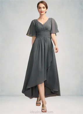 Hallie A-Line V-neck Asymmetrical Chiffon Mother of the Bride Dress With Ruffle Beading STK126P0014744