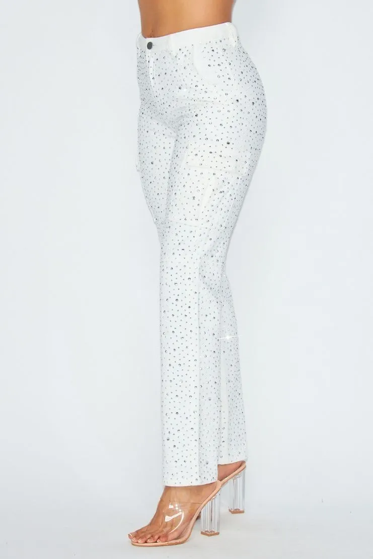 Jenny Rhinestone Denim Cargo Pants - White