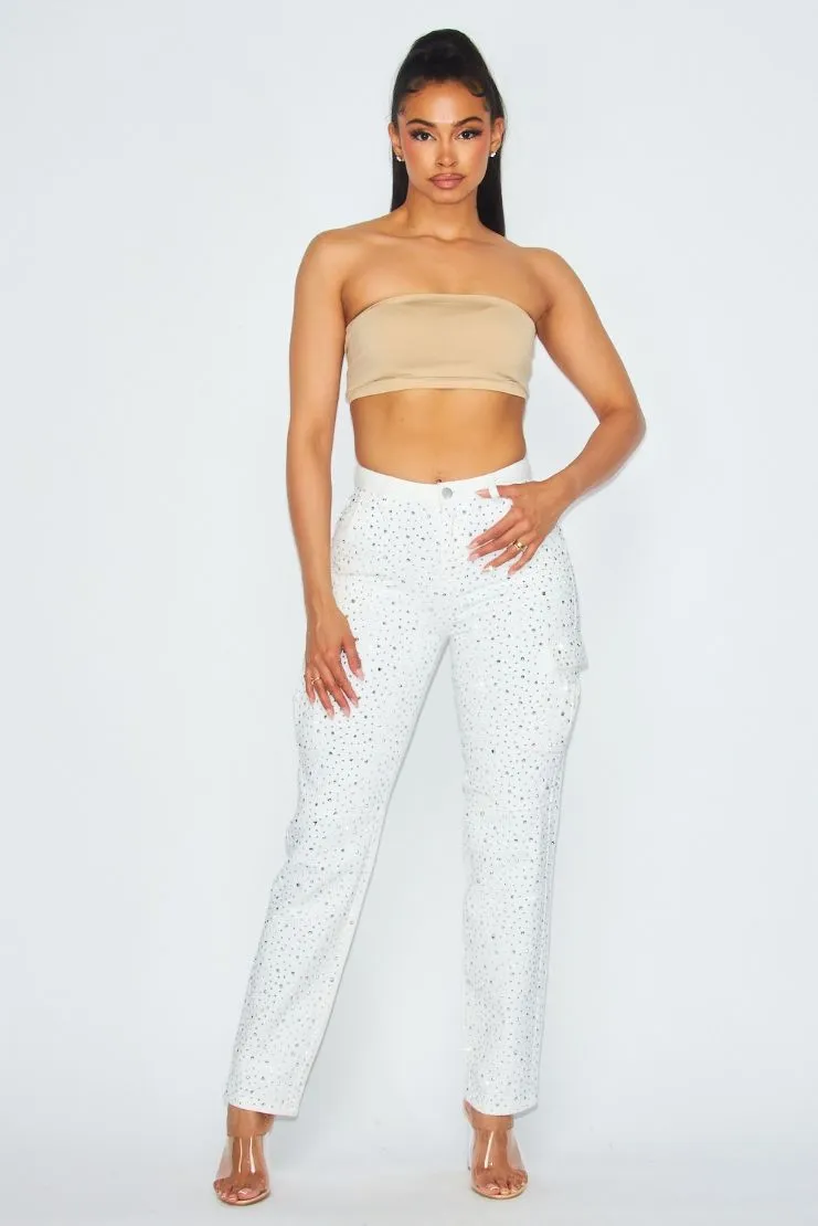 Jenny Rhinestone Denim Cargo Pants - White