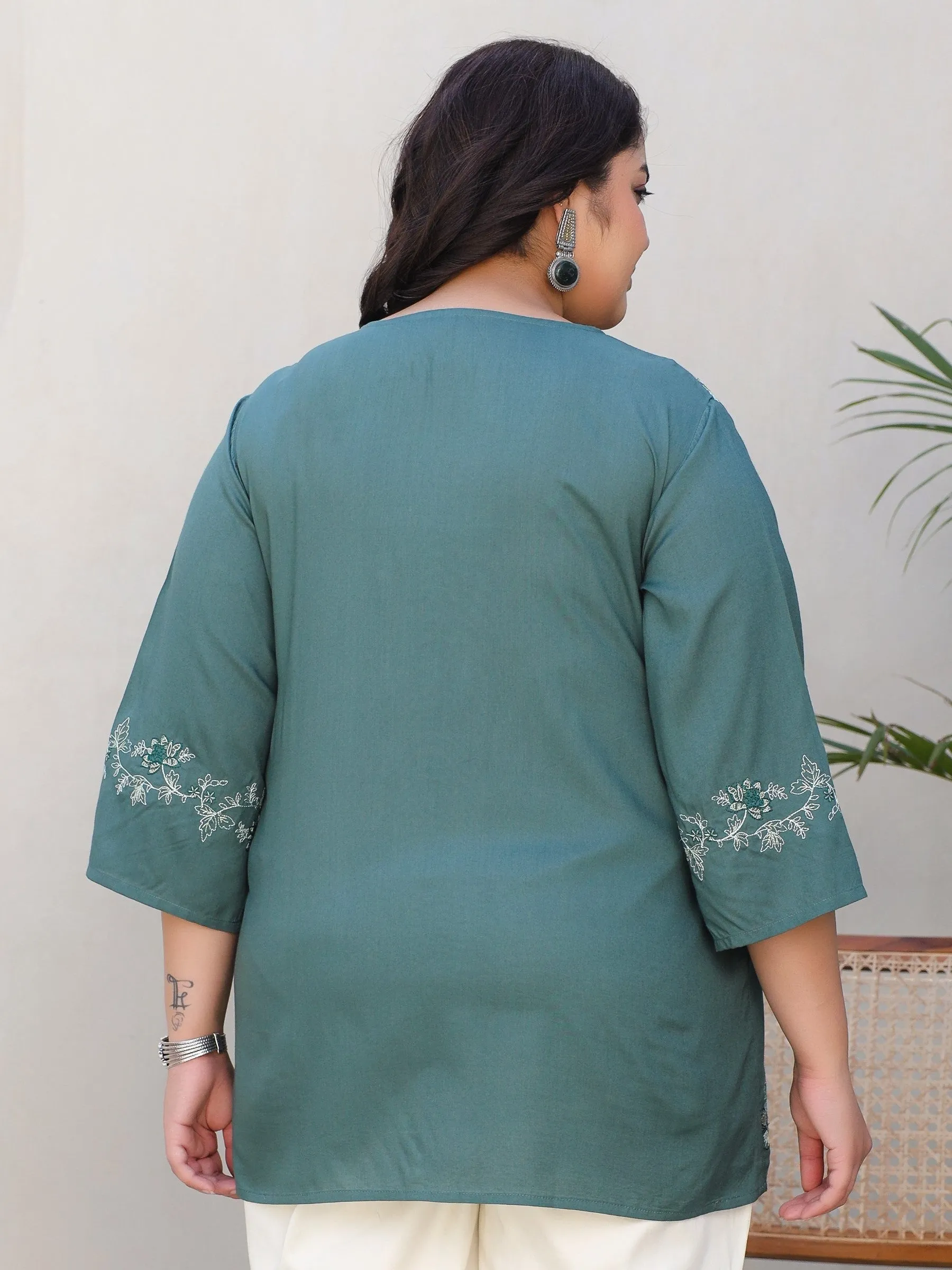 Juniper Green Modal Rayon Floral Embroidered Alia Cut Plus Size Tunic