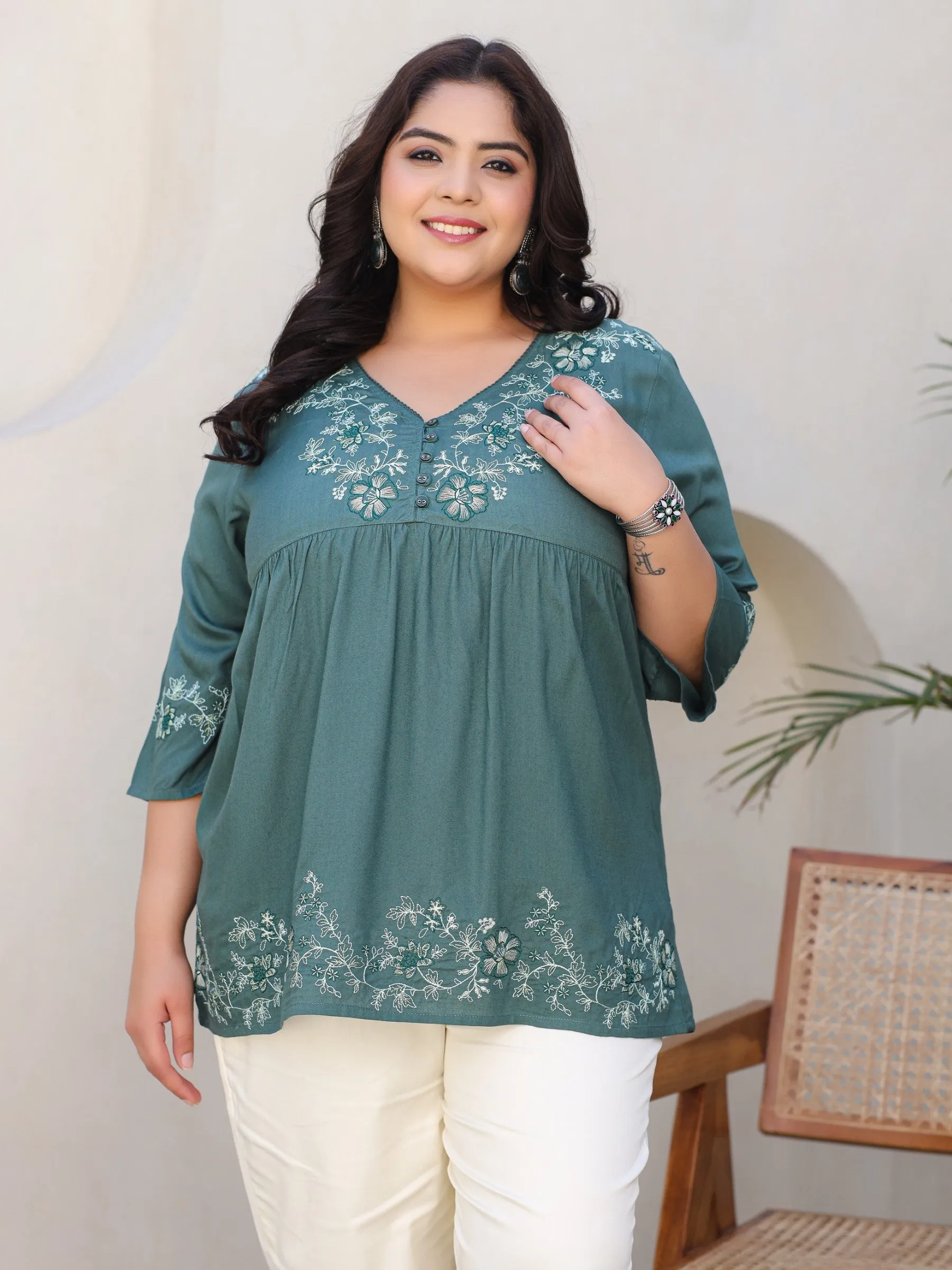 Juniper Green Modal Rayon Floral Embroidered Alia Cut Plus Size Tunic