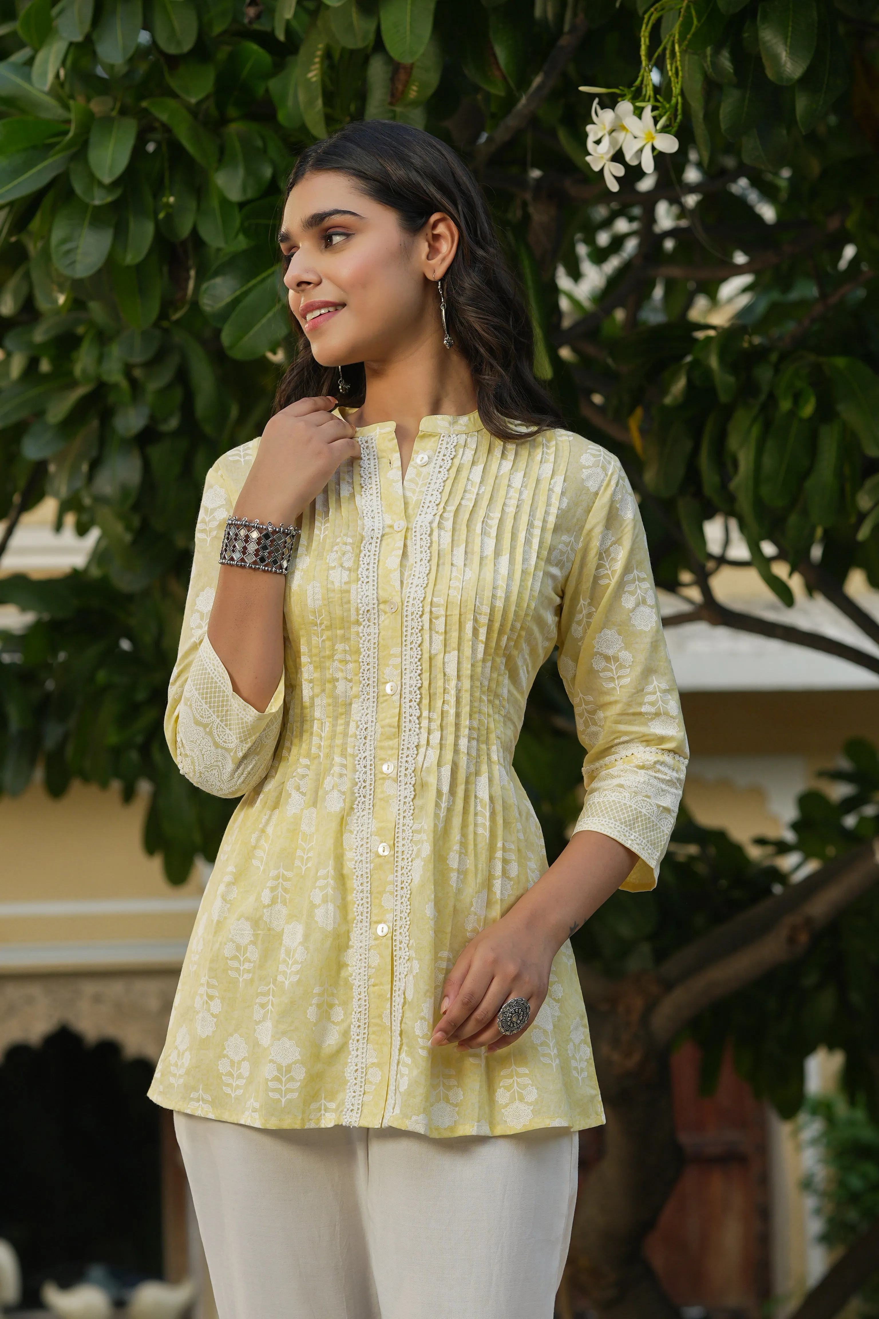 Juniper Light Yellow Ethnic Motif Pure Cotton Tunic with Lace Work