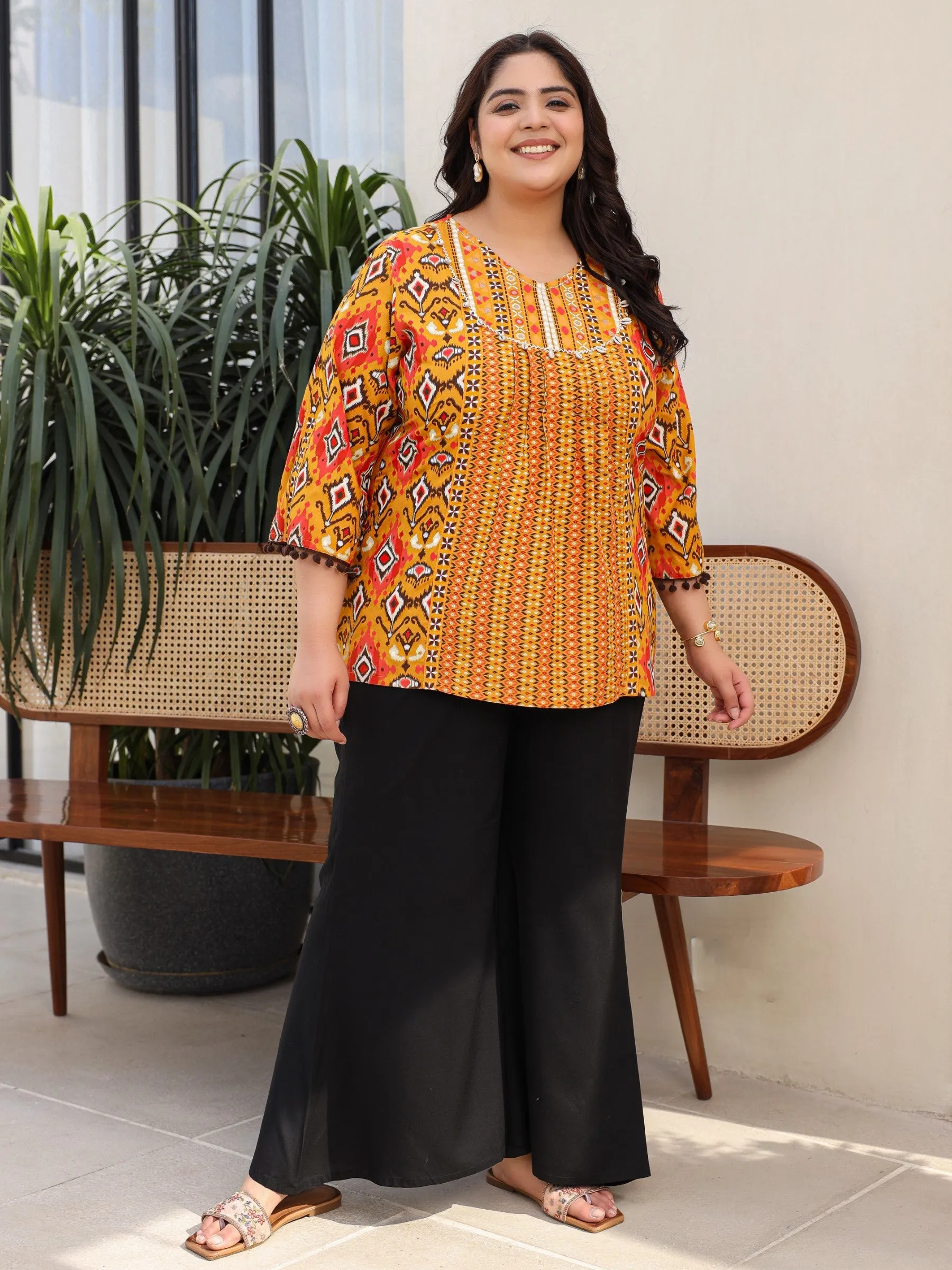 Juniper Mustard Rayon Ikat Printed A-Line Lacy Plus Size Tunic With Pintucks At Works & Beadwork