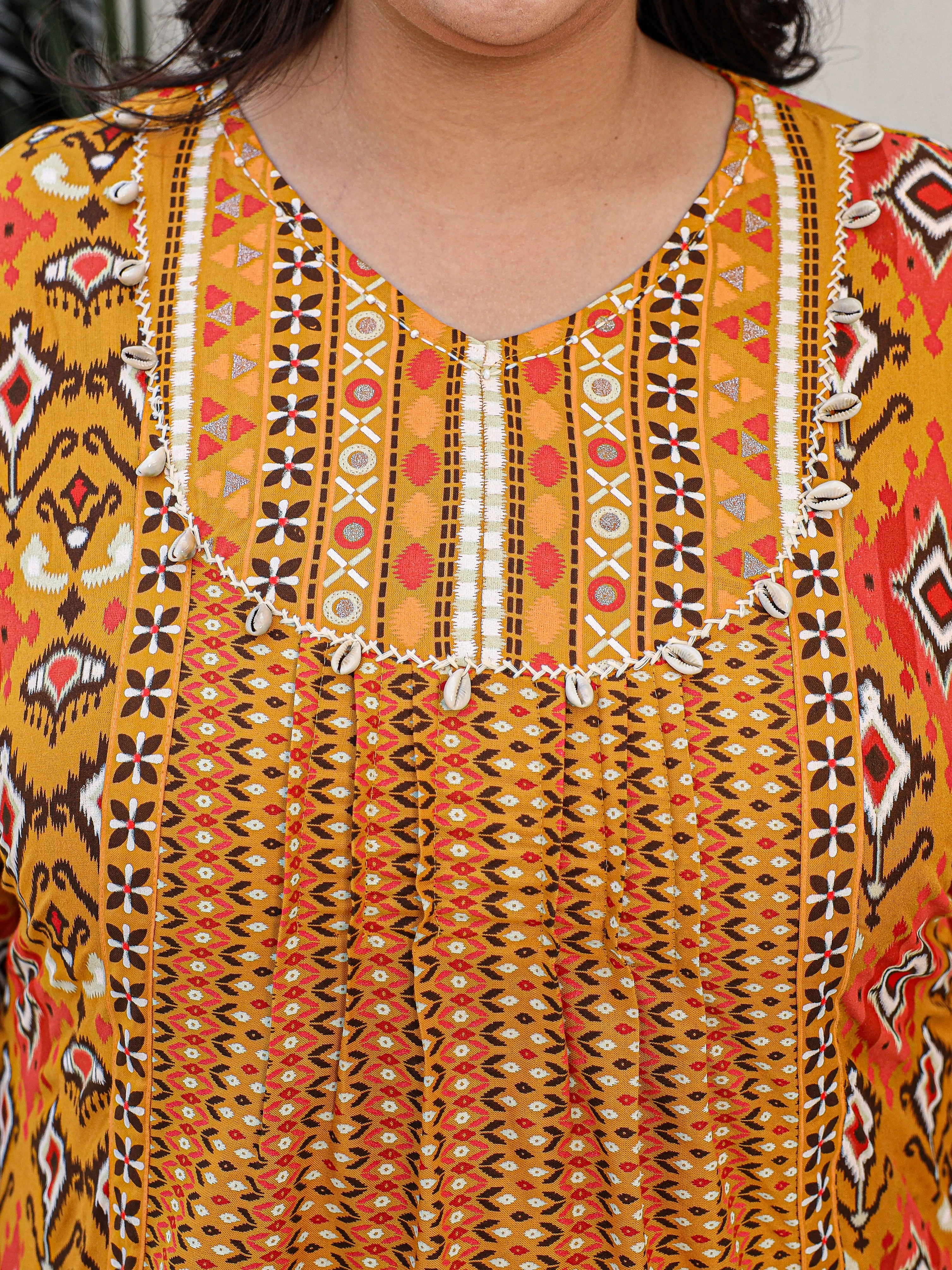 Juniper Mustard Rayon Ikat Printed A-Line Lacy Plus Size Tunic With Pintucks At Works & Beadwork