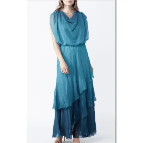 Komarov Ombre Cowl Neck Tiered Chiffon Ruffle Dress - Violet Blue