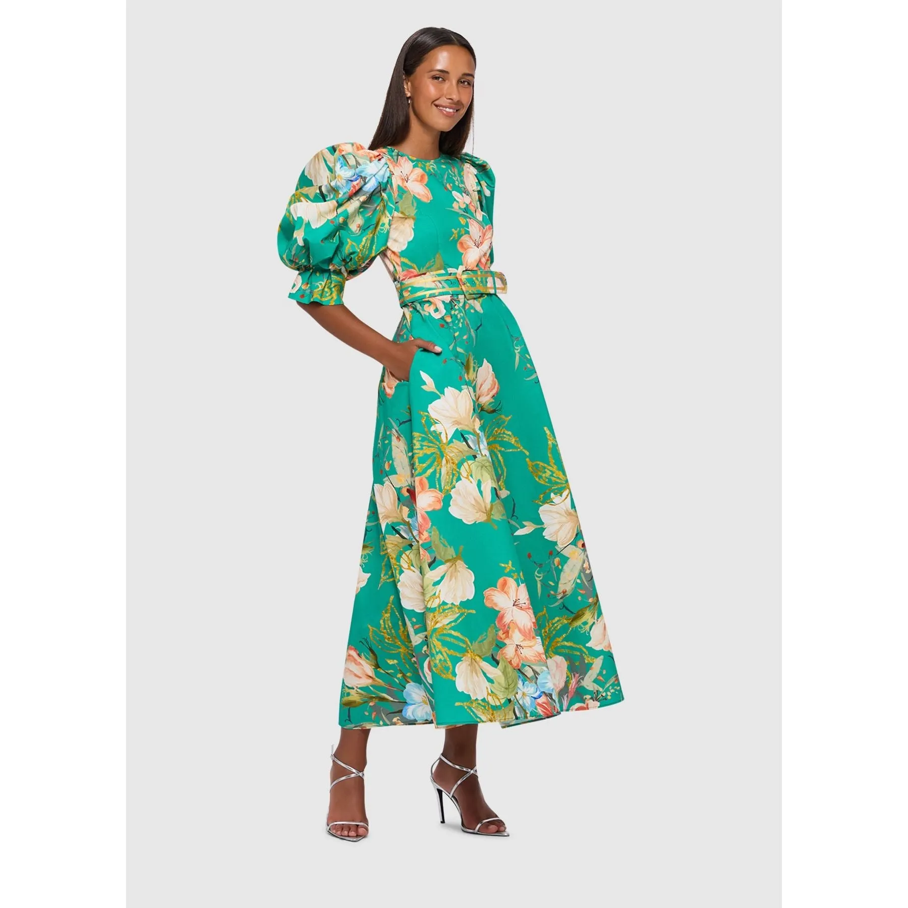 Leo Lin Maxima Puff Sleeve Midi Dress - Opulent Print in Verdant