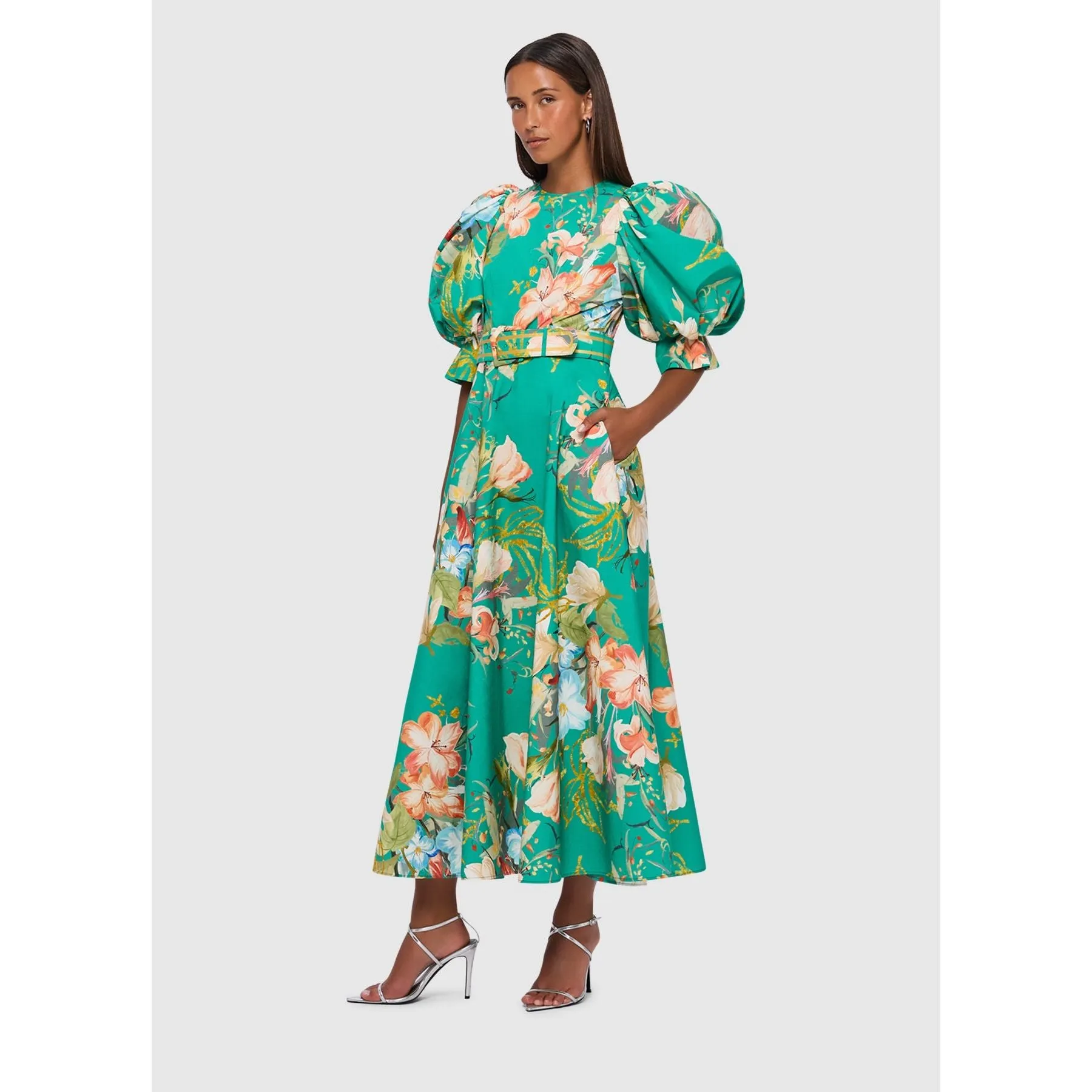 Leo Lin Maxima Puff Sleeve Midi Dress - Opulent Print in Verdant