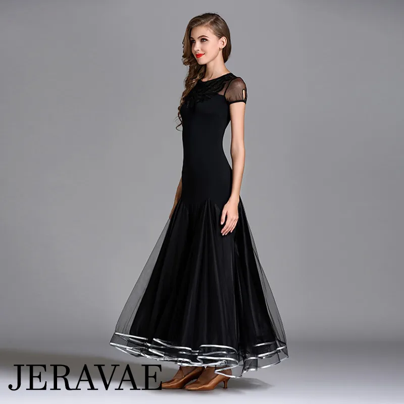 Long Black Ballroom Practice Dress with Lace Detail, Short Sleeves, and Ribbon Accent on Horsehair Hem PRA 081