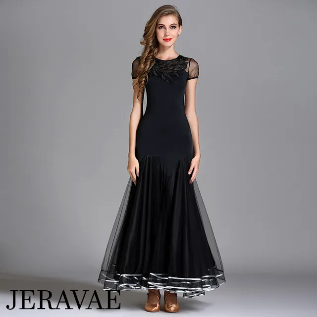 Long Black Ballroom Practice Dress with Lace Detail, Short Sleeves, and Ribbon Accent on Horsehair Hem PRA 081