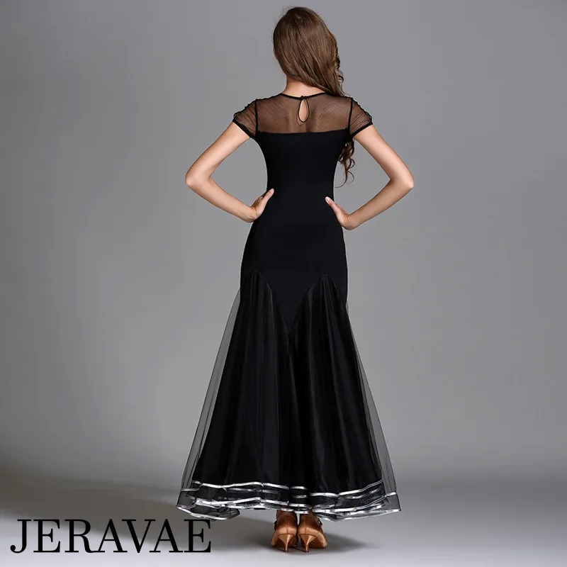 Long Black Ballroom Practice Dress with Lace Detail, Short Sleeves, and Ribbon Accent on Horsehair Hem PRA 081