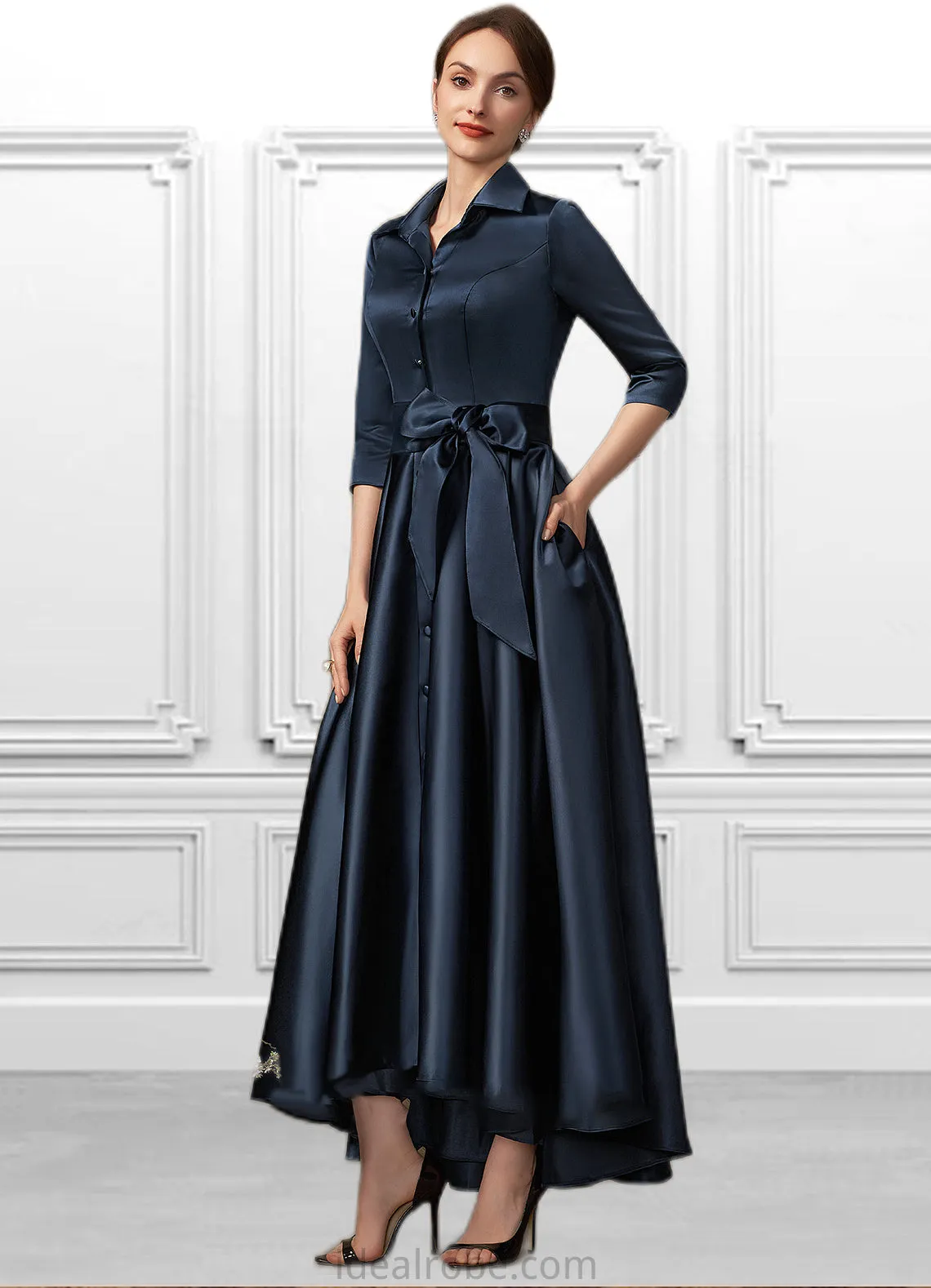 Madelyn A-Line V-neck Asymmetrical Satin Mother of the Bride Dress With Bow(s) Pockets STK126P0014879