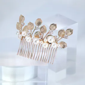 Millennium Crystals Bunch of Shiny Hazel Leaves Sitting on Faux Pearl Bridal Hair Comb, Bridal Hair Accessories, Wedding Hair Accessory.