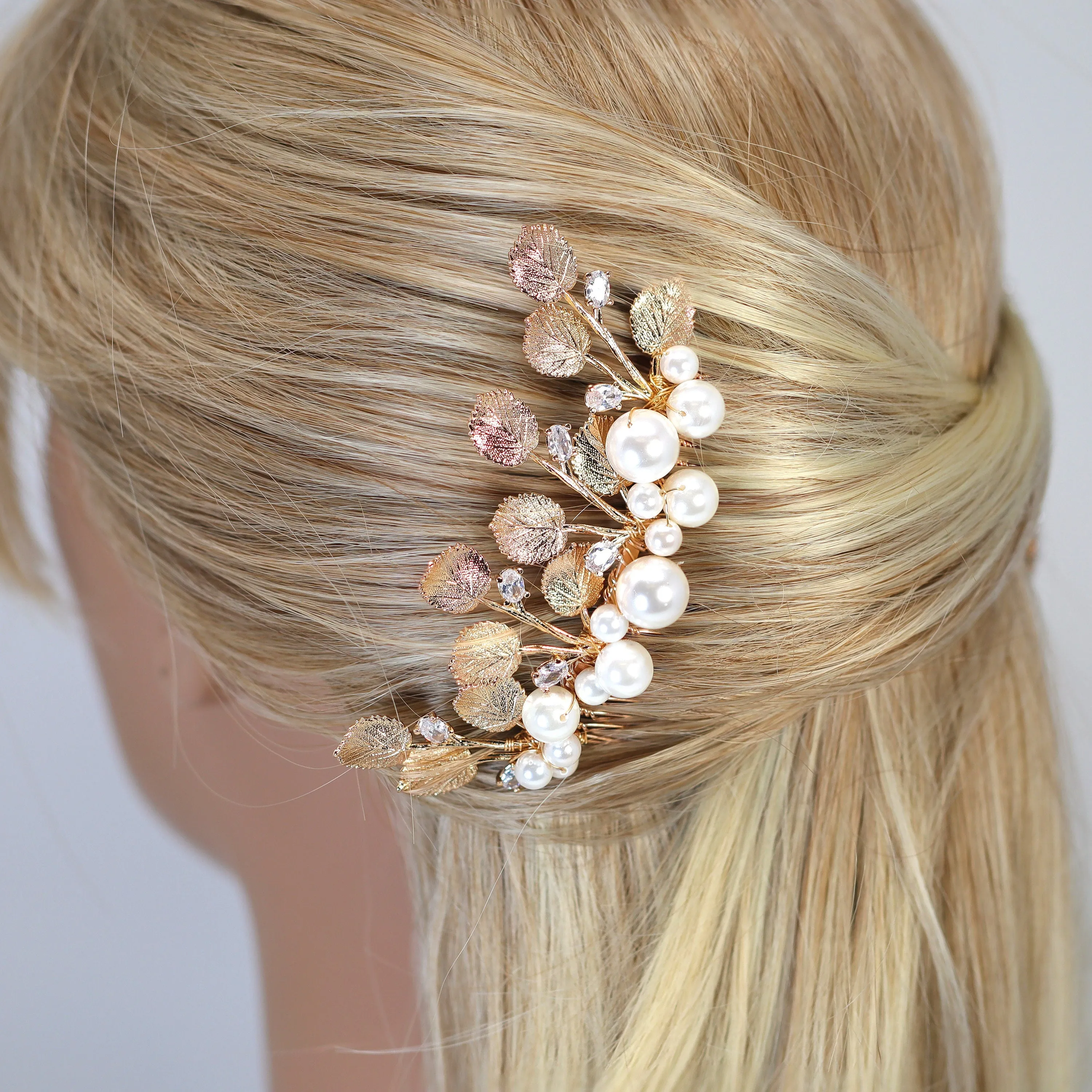 Millennium Crystals Bunch of Shiny Hazel Leaves Sitting on Faux Pearl Bridal Hair Comb, Bridal Hair Accessories, Wedding Hair Accessory.