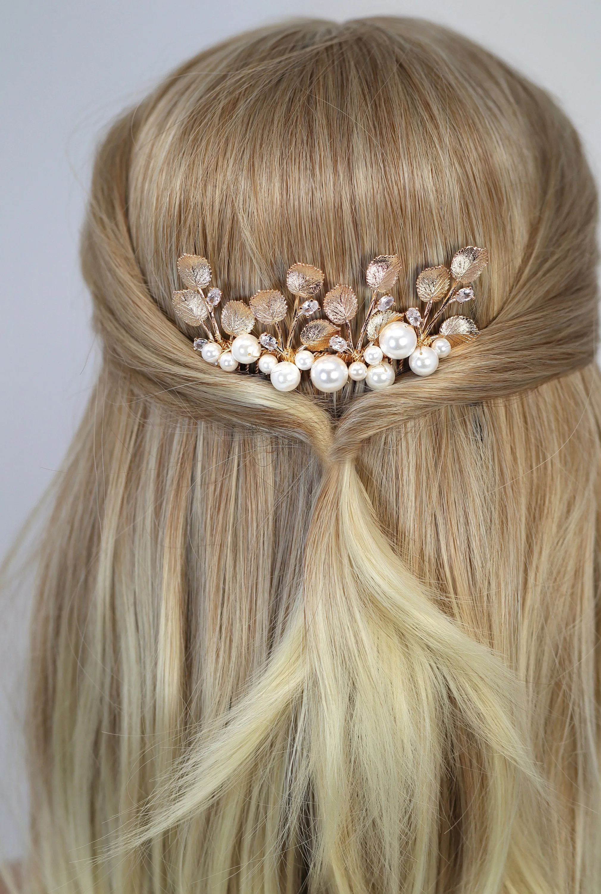 Millennium Crystals Bunch of Shiny Hazel Leaves Sitting on Faux Pearl Bridal Hair Comb, Bridal Hair Accessories, Wedding Hair Accessory.