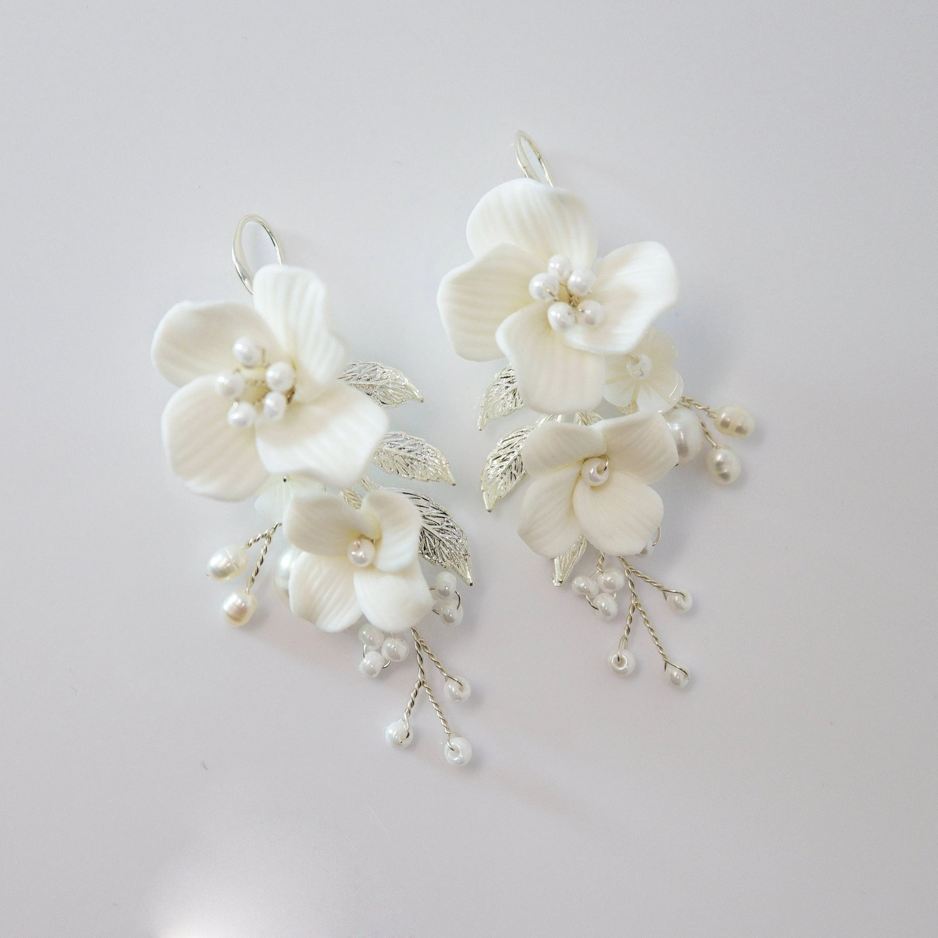 Natural Cultured Freshwater Pearl White Flower Earrings, Long Bridal Jewelry Crystal Bridal Earrings Statement Earrings