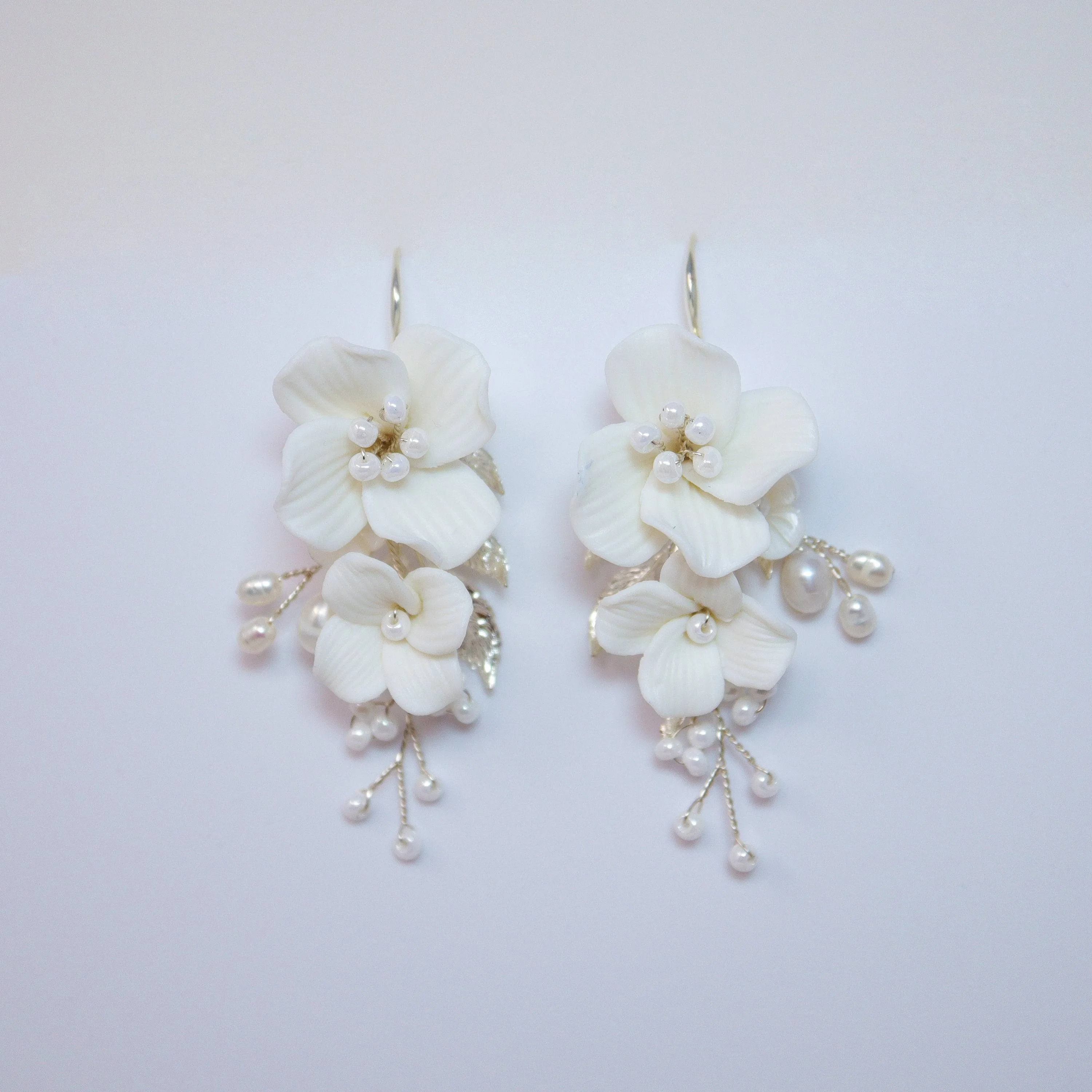 Natural Cultured Freshwater Pearl White Flower Earrings, Long Bridal Jewelry Crystal Bridal Earrings Statement Earrings