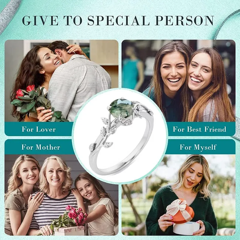 Natural Green Moss Agate Ring 925 Sterling Silver Promise Ring Engagement Wedding Jewelry Gift for Women Valentine's Day