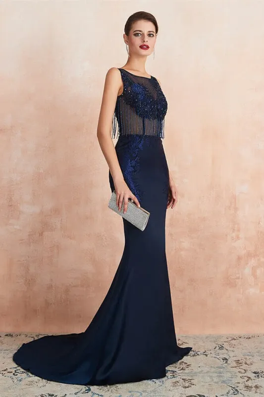 Navy Blue Jewel Sleeveless Mermaid Prom Dress Rhinestone Lace With Tassels