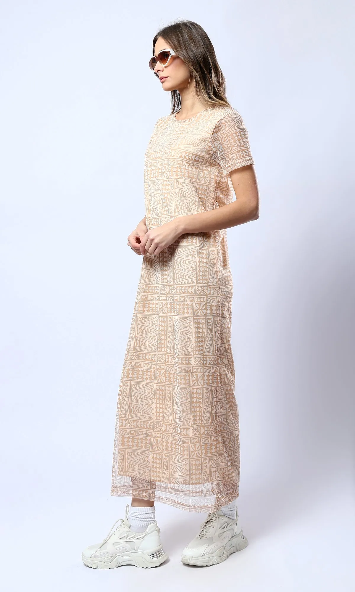 O178301 Wide Round Neck Patterned Camel & White Midi Dress