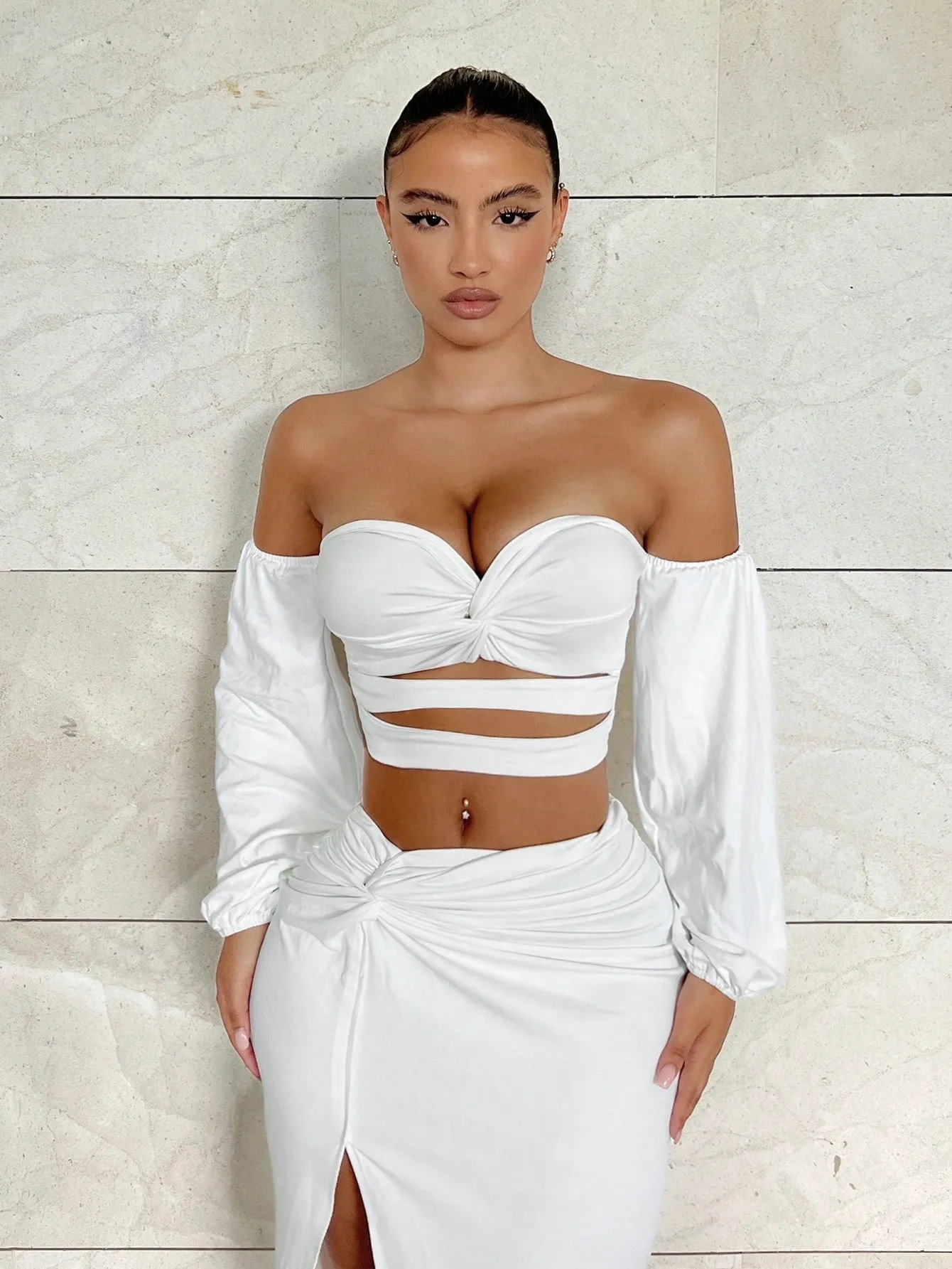 Off The Shoulder Crop Top Split Skirt Set