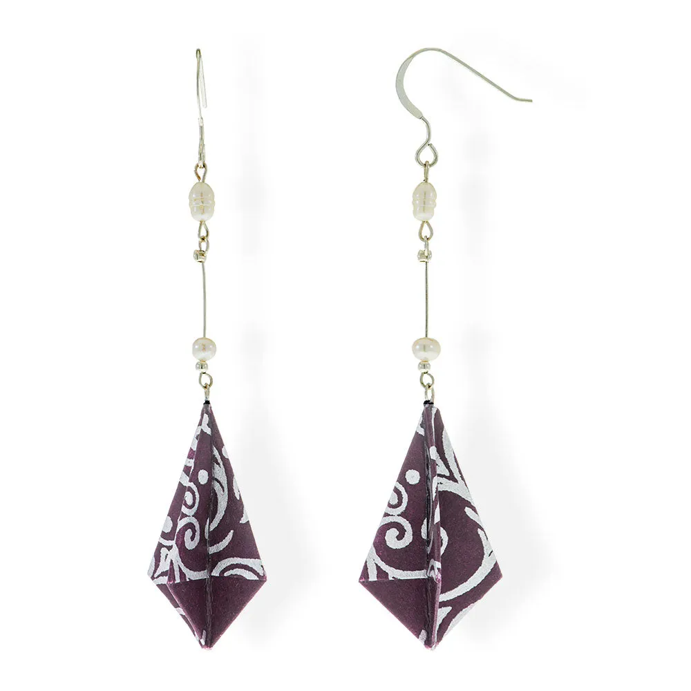 Origami Earrings Purple Silver Diamonds With Pearls