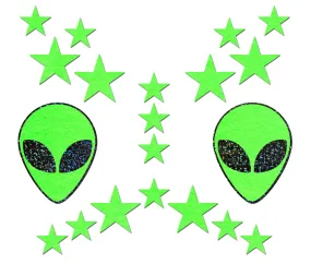 Pastease Set: Neon/Glow in the Dark Green & Black Alien with 6 Mini Glow Stars and 10 Baby Glow Stars Nipple & Body Pasties