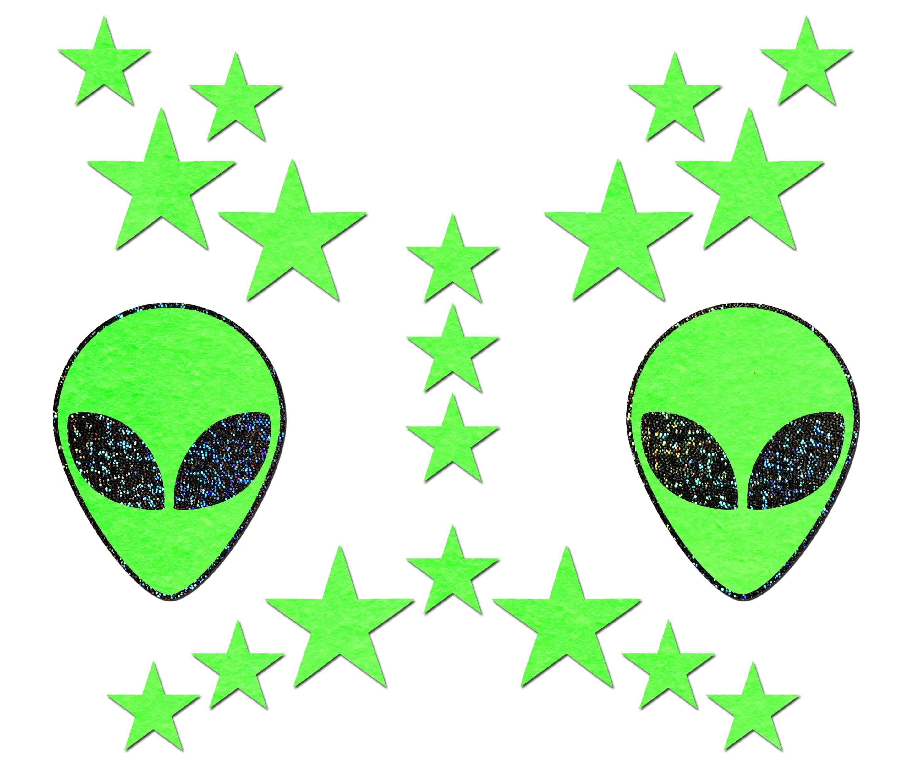 Pastease Set: Neon/Glow in the Dark Green & Black Alien with 6 Mini Glow Stars and 10 Baby Glow Stars Nipple & Body Pasties