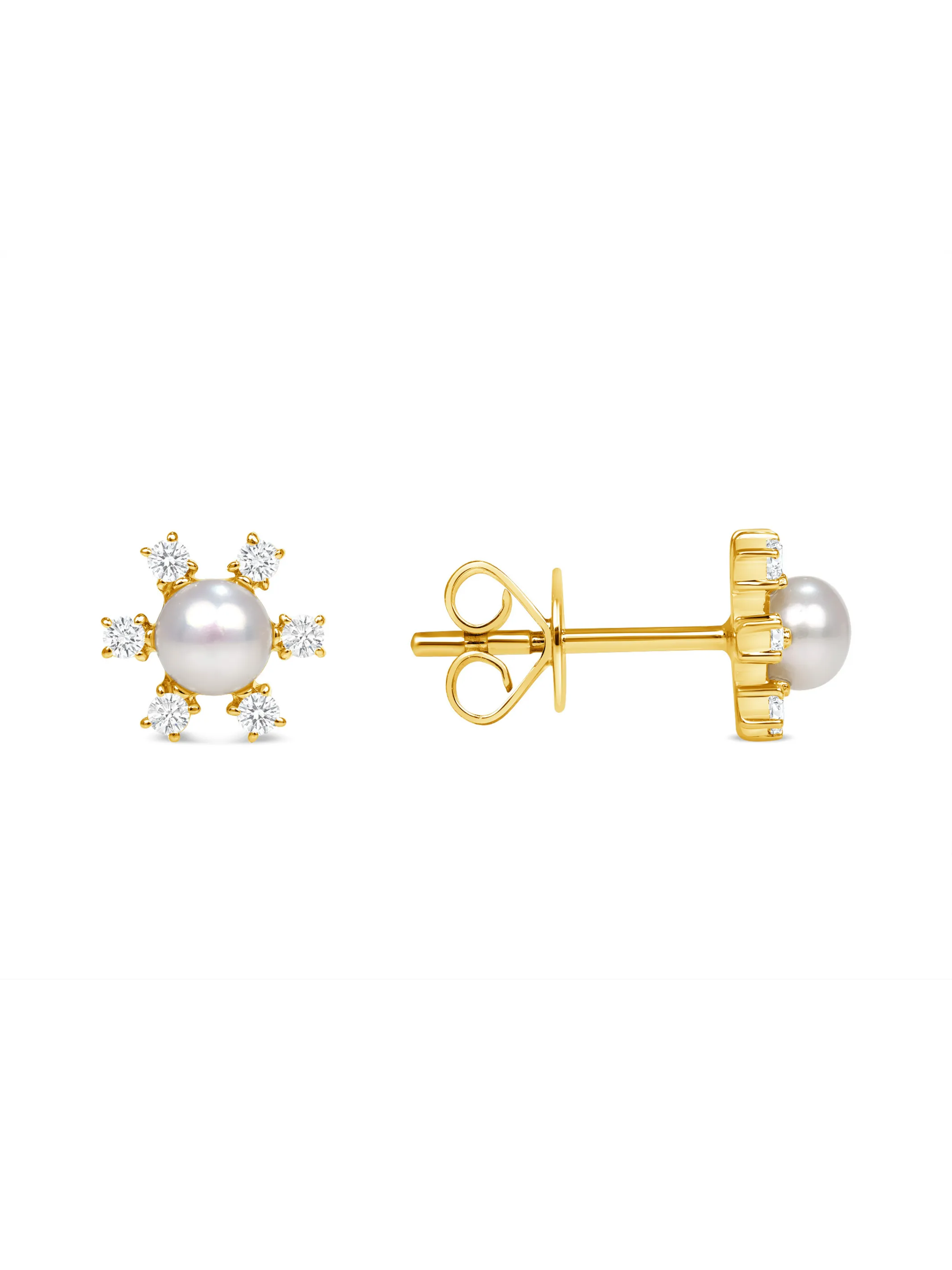 Pearl Diamond Flower Stud Earrings 14K