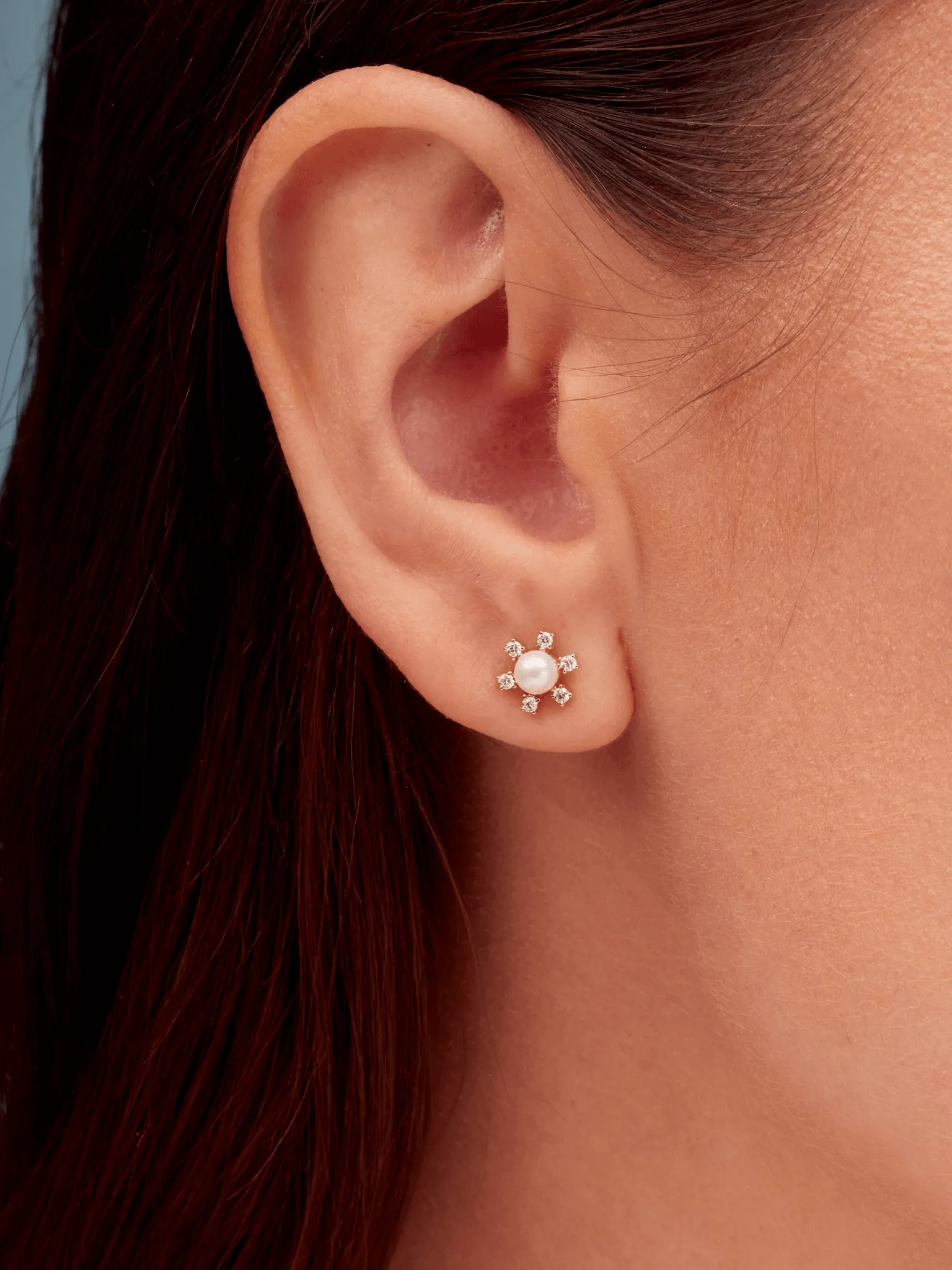 Pearl Diamond Flower Stud Earrings 14K