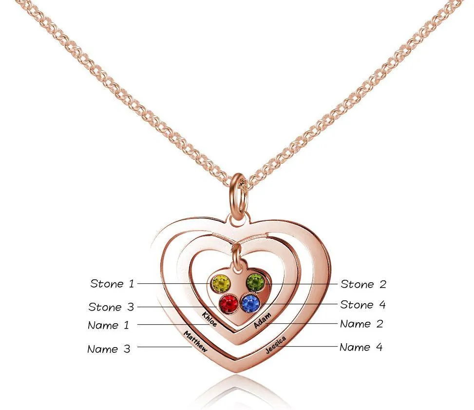 Personalized 4 Birthstone Charm Inside a 4 Engraved Names Rose Gold Plate Necklace