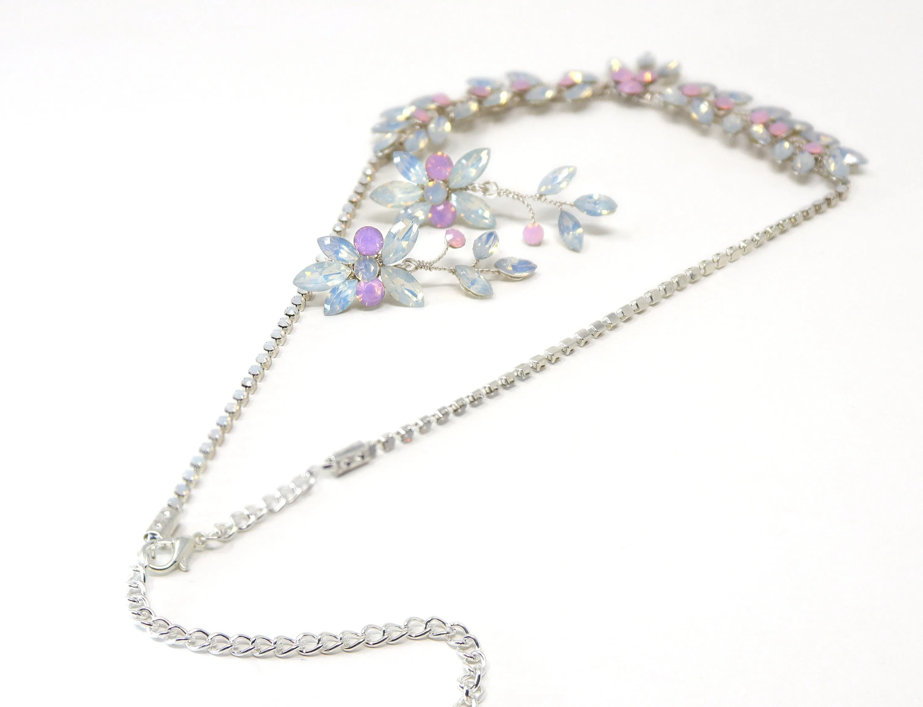 Pink and Blue Opal Vine Leaves Necklace set , Long Bridal Jewelry Crystal Necklace Bridal Earrings Statement Earrings