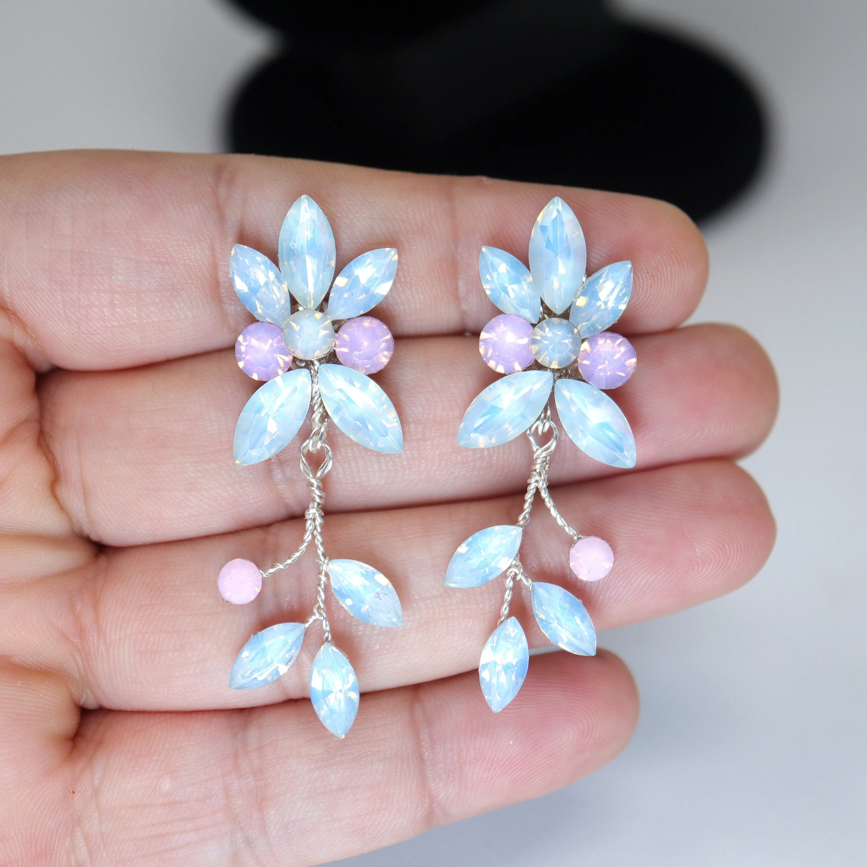 Pink and Blue Opal Vine Leaves Necklace set , Long Bridal Jewelry Crystal Necklace Bridal Earrings Statement Earrings