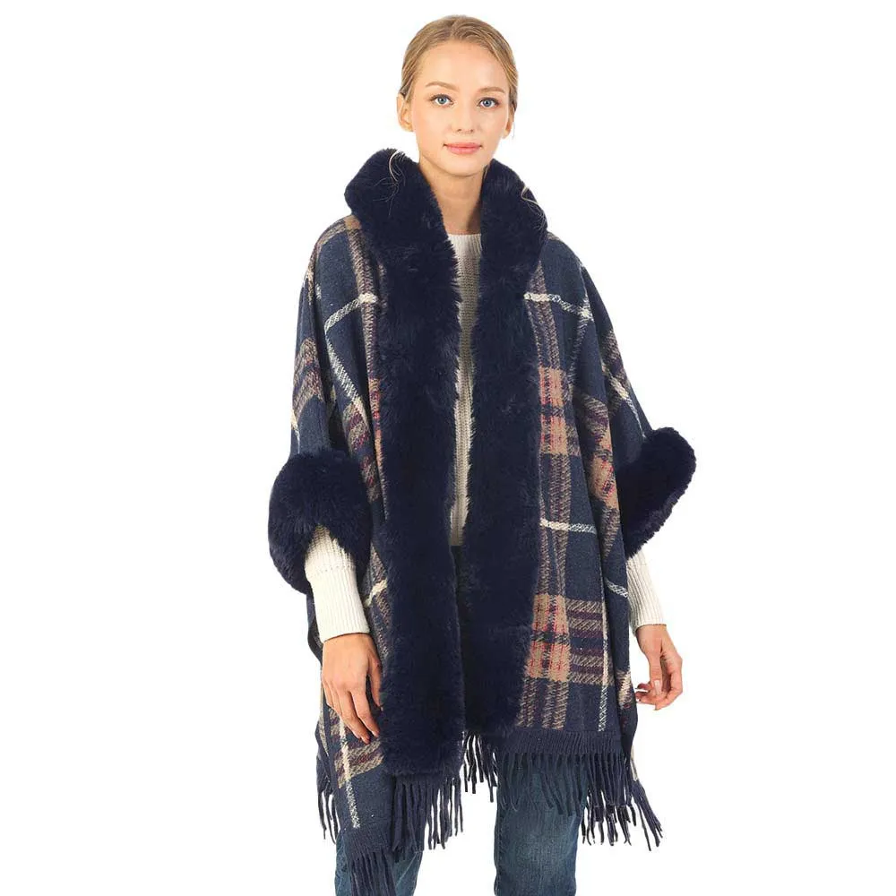 Plaid Pattern With Solid Faux Fur Trim Edge