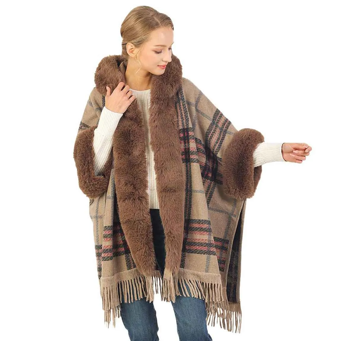 Plaid Pattern With Solid Faux Fur Trim Edge