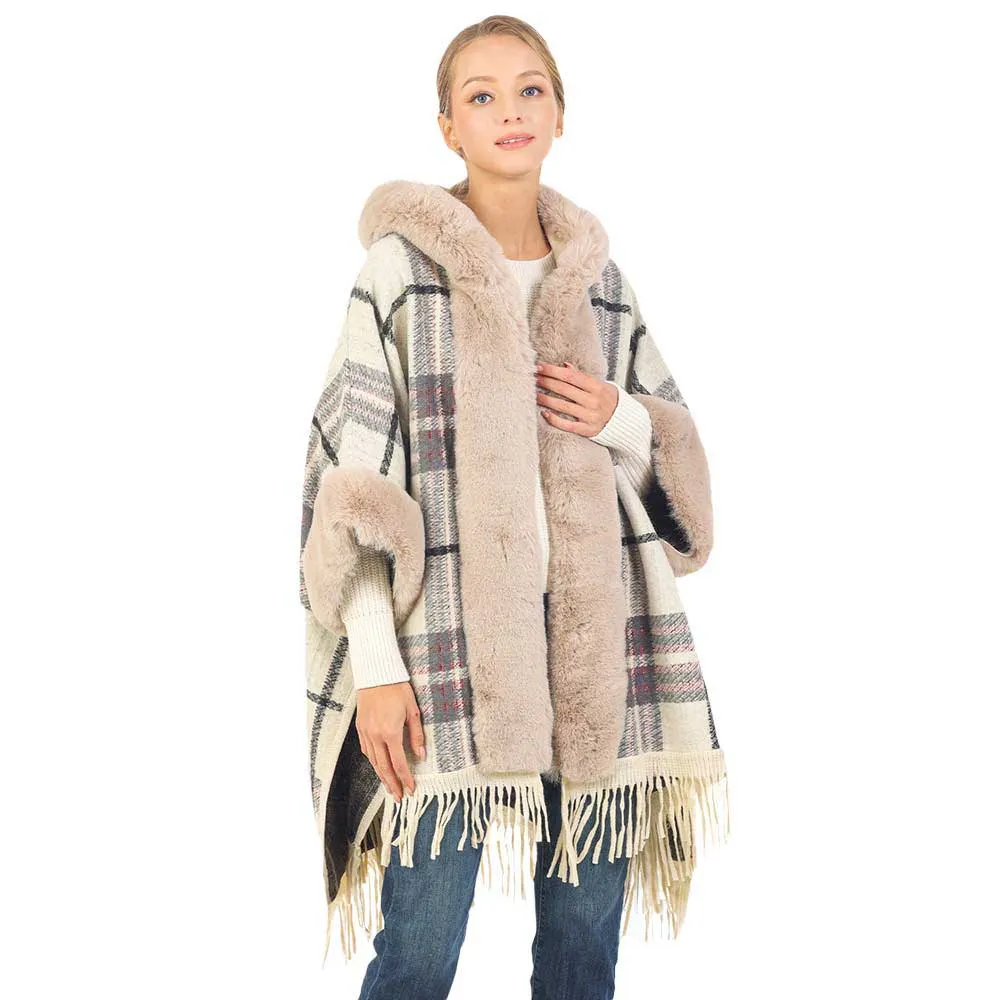 Plaid Pattern With Solid Faux Fur Trim Edge