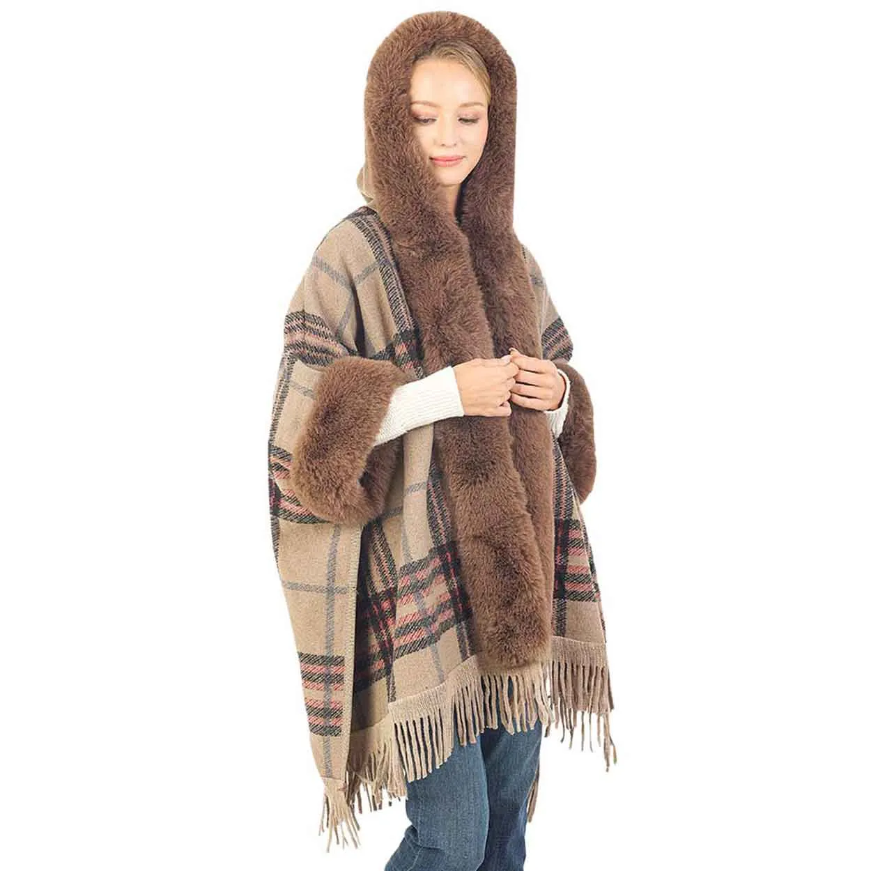 Plaid Pattern With Solid Faux Fur Trim Edge