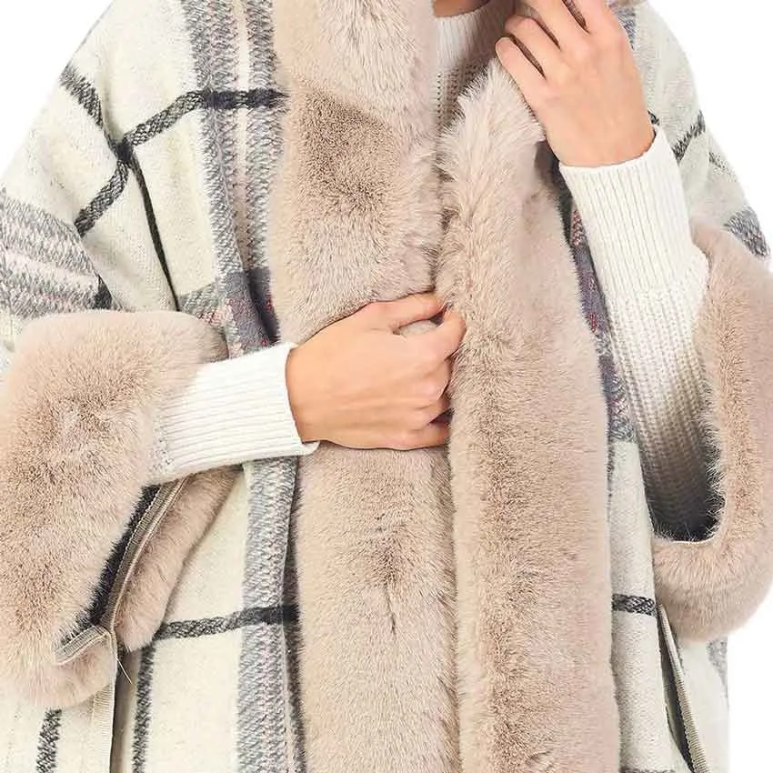 Plaid Pattern With Solid Faux Fur Trim Edge