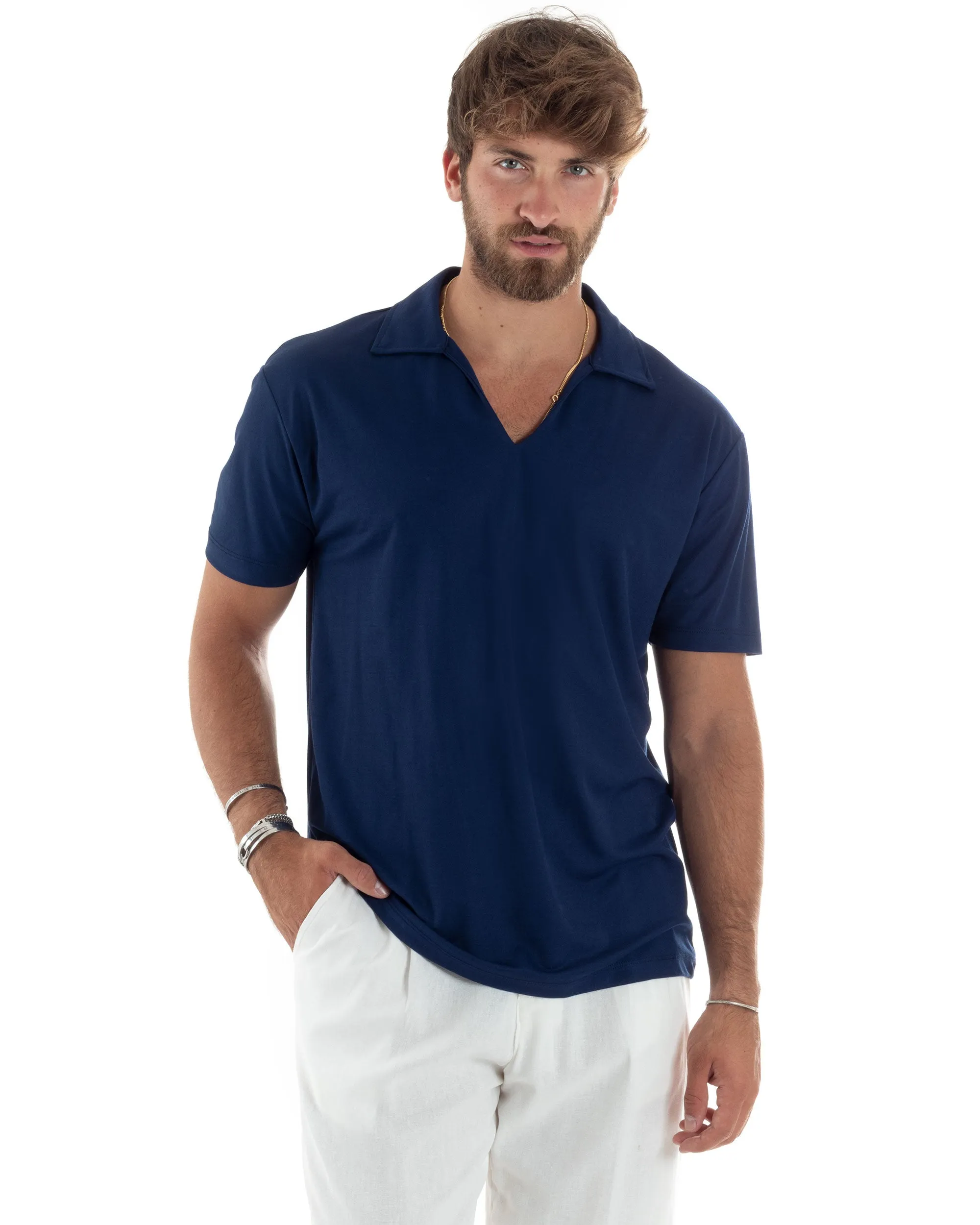 Polo Mezze Maniche Uomo Basic Scollo A V T-Shirt Con Colletto Tinta Unita Blu GIOSAL-TS3069A