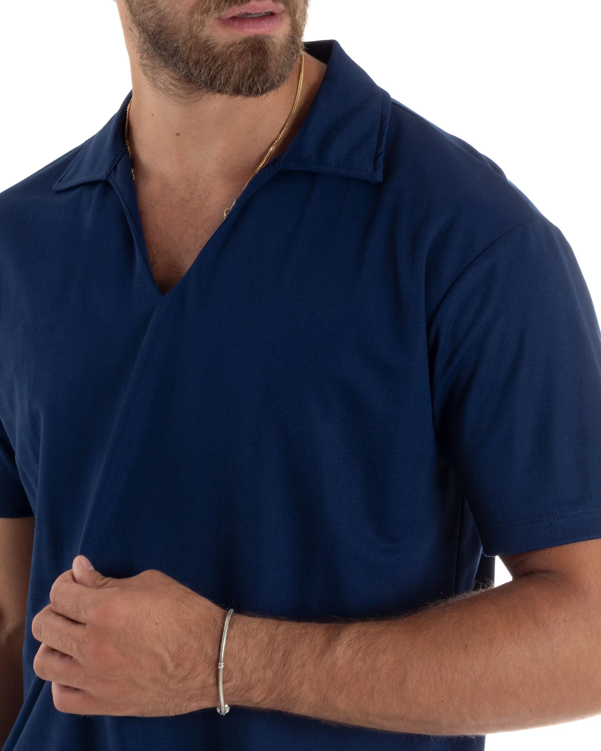 Polo Mezze Maniche Uomo Basic Scollo A V T-Shirt Con Colletto Tinta Unita Blu GIOSAL-TS3069A