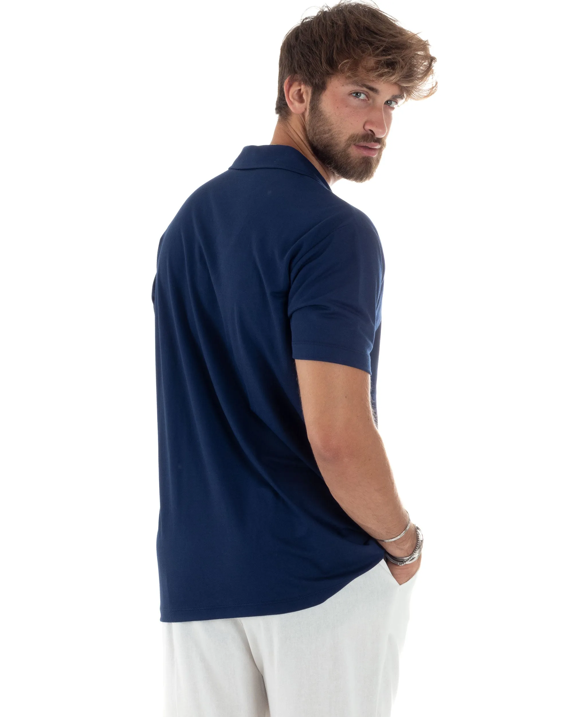 Polo Mezze Maniche Uomo Basic Scollo A V T-Shirt Con Colletto Tinta Unita Blu GIOSAL-TS3069A