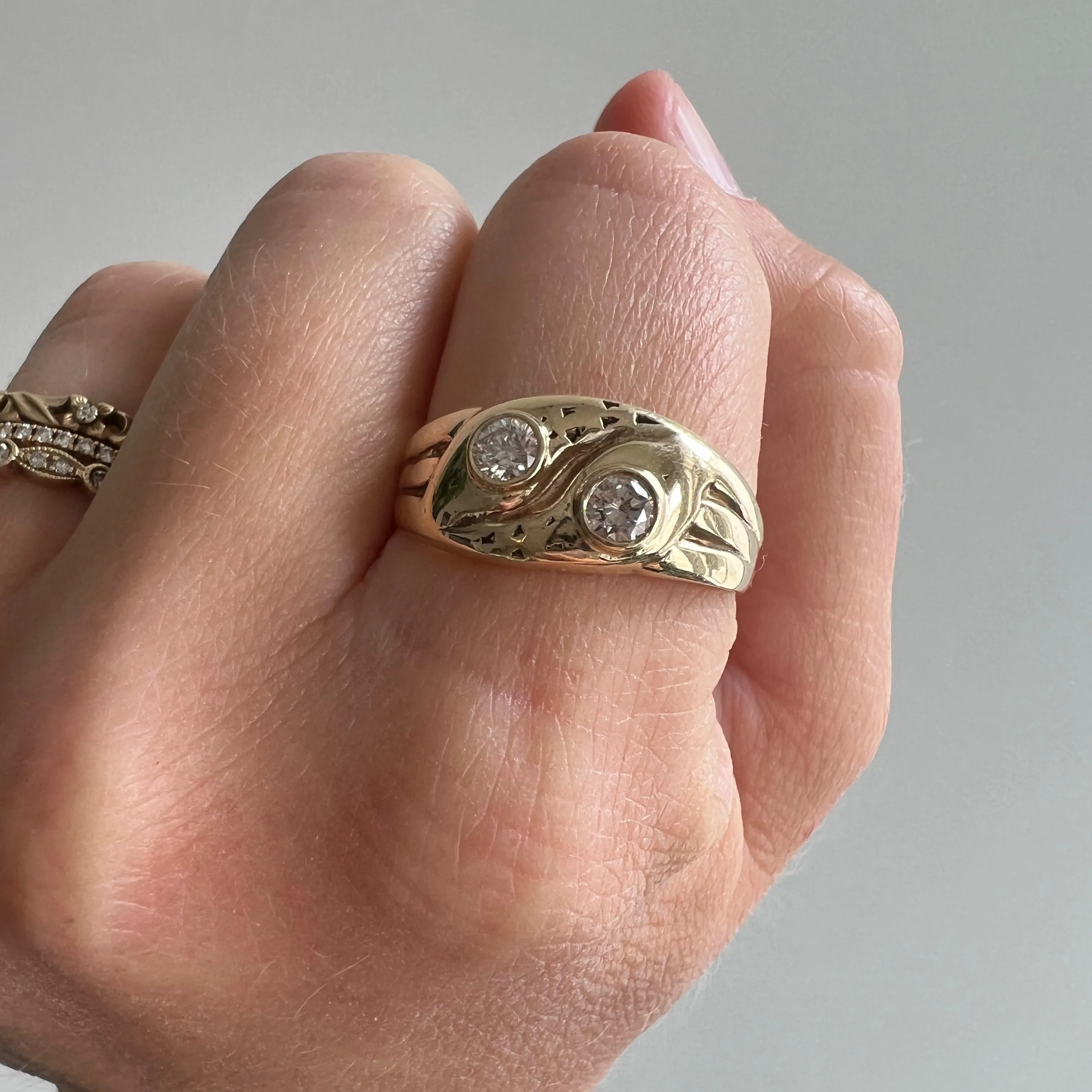 re-worked V I N T A G E // serpent stacker / 9k yellow gold and diamond double snake ring / size 9.25