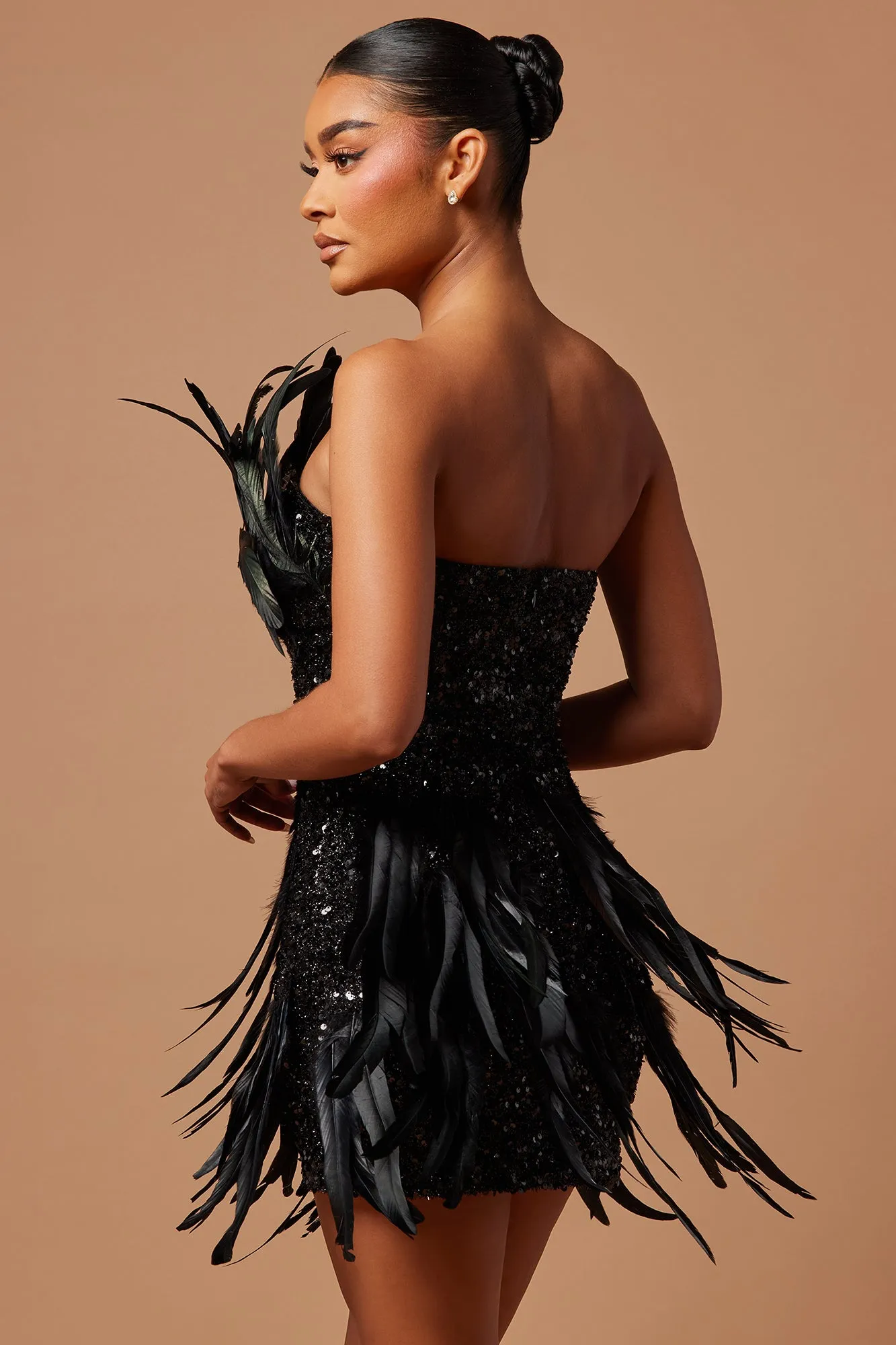 Renee Sequin Feather Mini Dress - Black