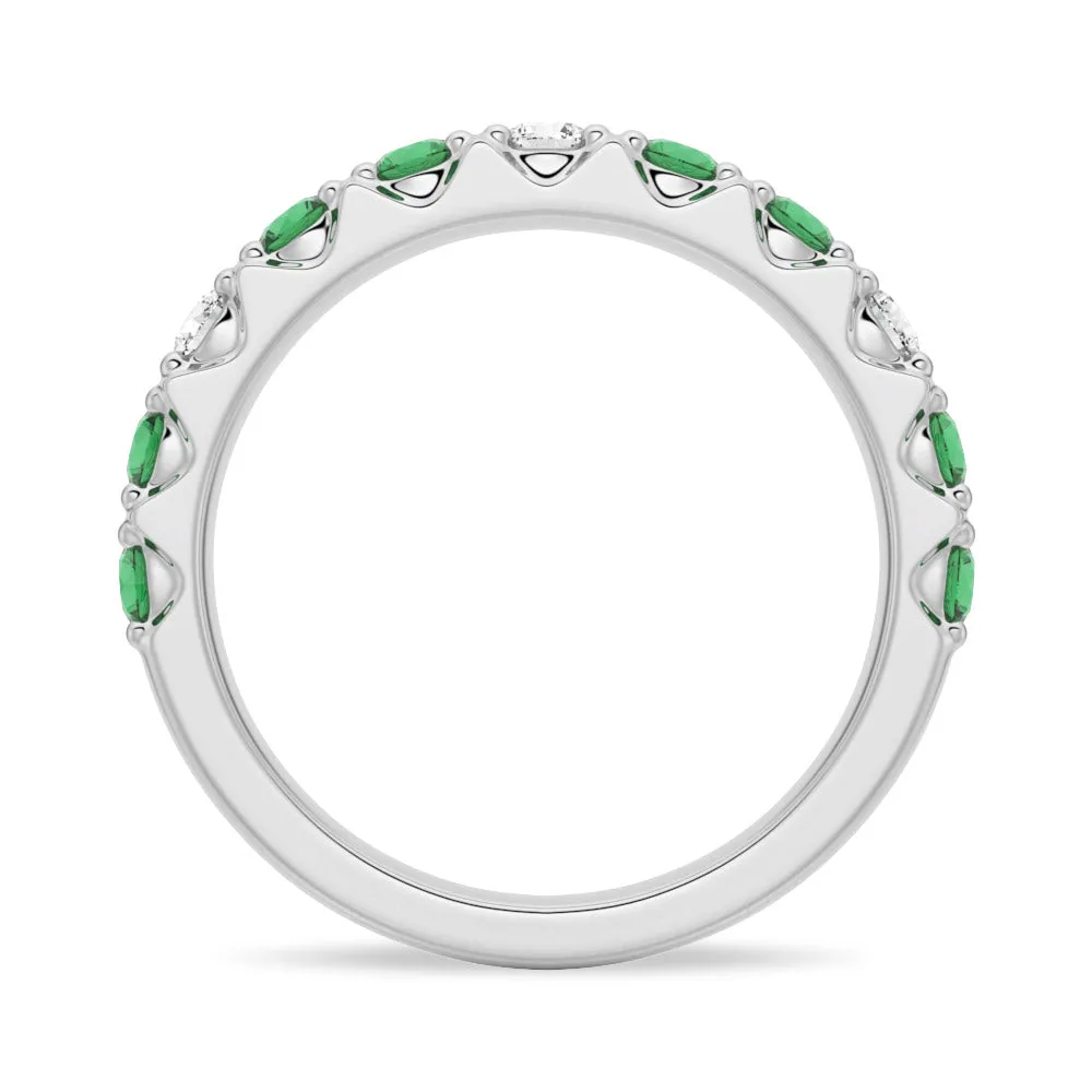 Round Emerald and White Sapphire Half Eternity Wedding Ring