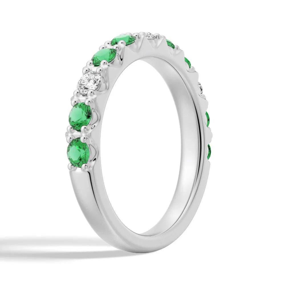 Round Emerald and White Sapphire Half Eternity Wedding Ring