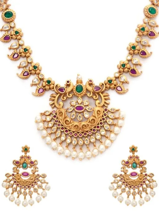 Rubans 22K Gold-Plated Handcrafted Faux Ruby Temple Jewellery Set