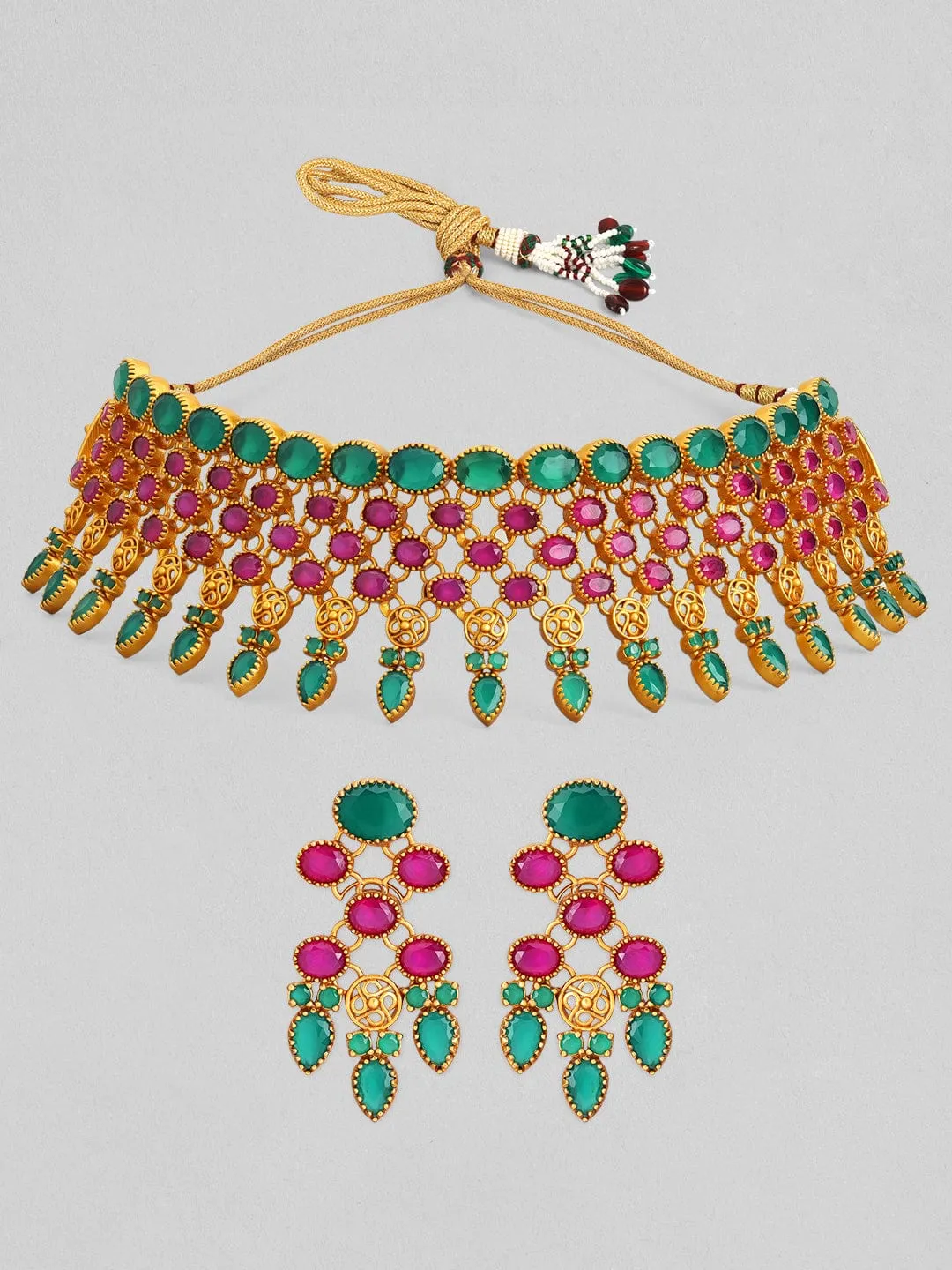 Rubans 24K Gold Plated Ruby and emerald studded Choker set.