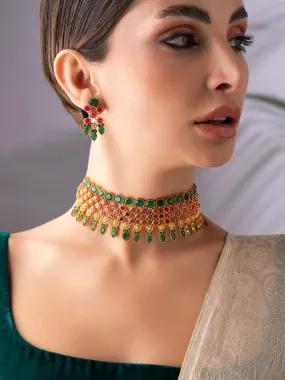 Rubans 24K Gold Plated Ruby and emerald studded Choker set.