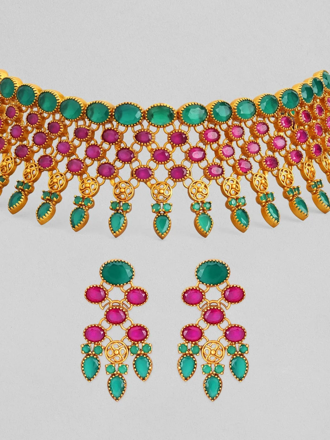 Rubans 24K Gold Plated Ruby and emerald studded Choker set.